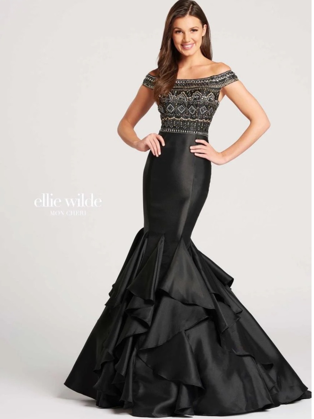 ellie wilde By Mon Cheri EW118056 Black Off-Shoulder Beaded Mermaid Gown 10 NWT